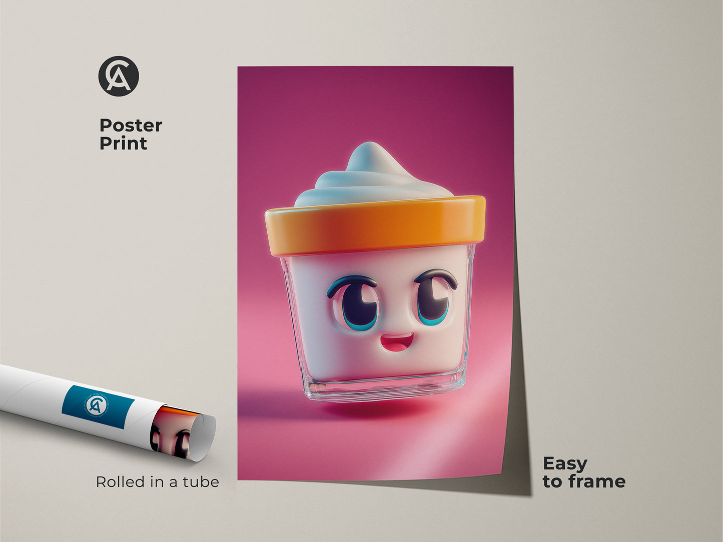 Poster print features a kawaii ice cream cup. This cartoon food art is easy to frame. Its pink and orange colors add a touch of sweetness. Ideal for kids' rooms or bright kitchen art. Whimsical dessert poster.