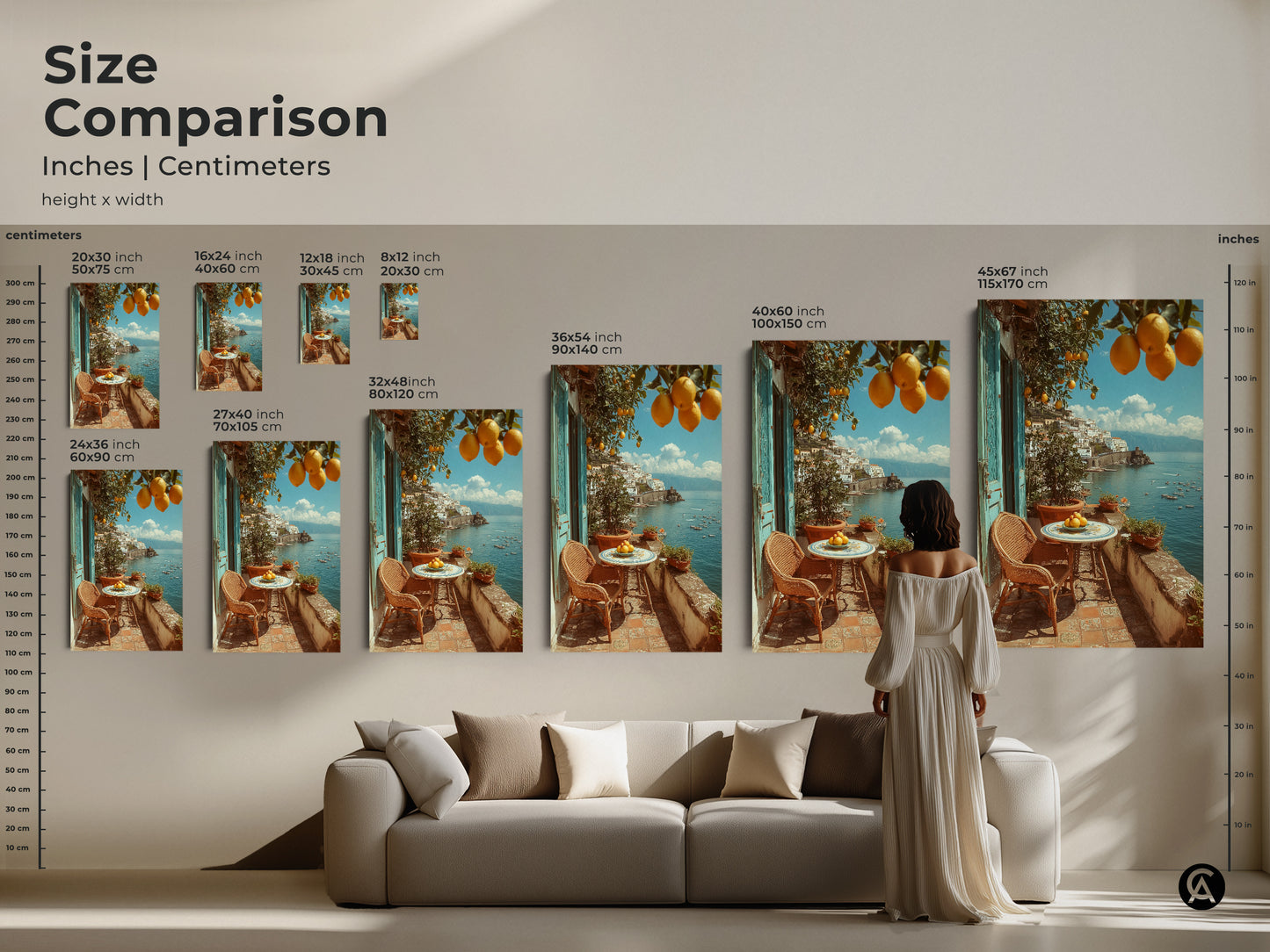 Size comparison of Mediterranean lemon artwork. Visualize different sizes in inches and centimeters. See how this coastal villa artwork fits above a sofa. Perfect travel-inspired wall art in yellow orange and blue. Choose the right size for your housewarming gift and add summer vacation vibes to your living room decor.