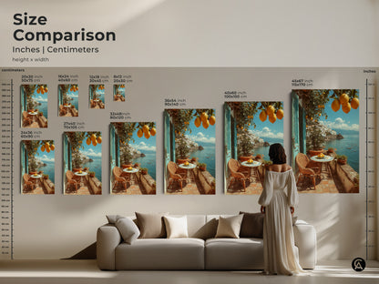 Size comparison of Mediterranean lemon artwork. Visualize different sizes in inches and centimeters. See how this coastal villa artwork fits above a sofa. Perfect travel-inspired wall art in yellow orange and blue. Choose the right size for your housewarming gift and add summer vacation vibes to your living room decor.