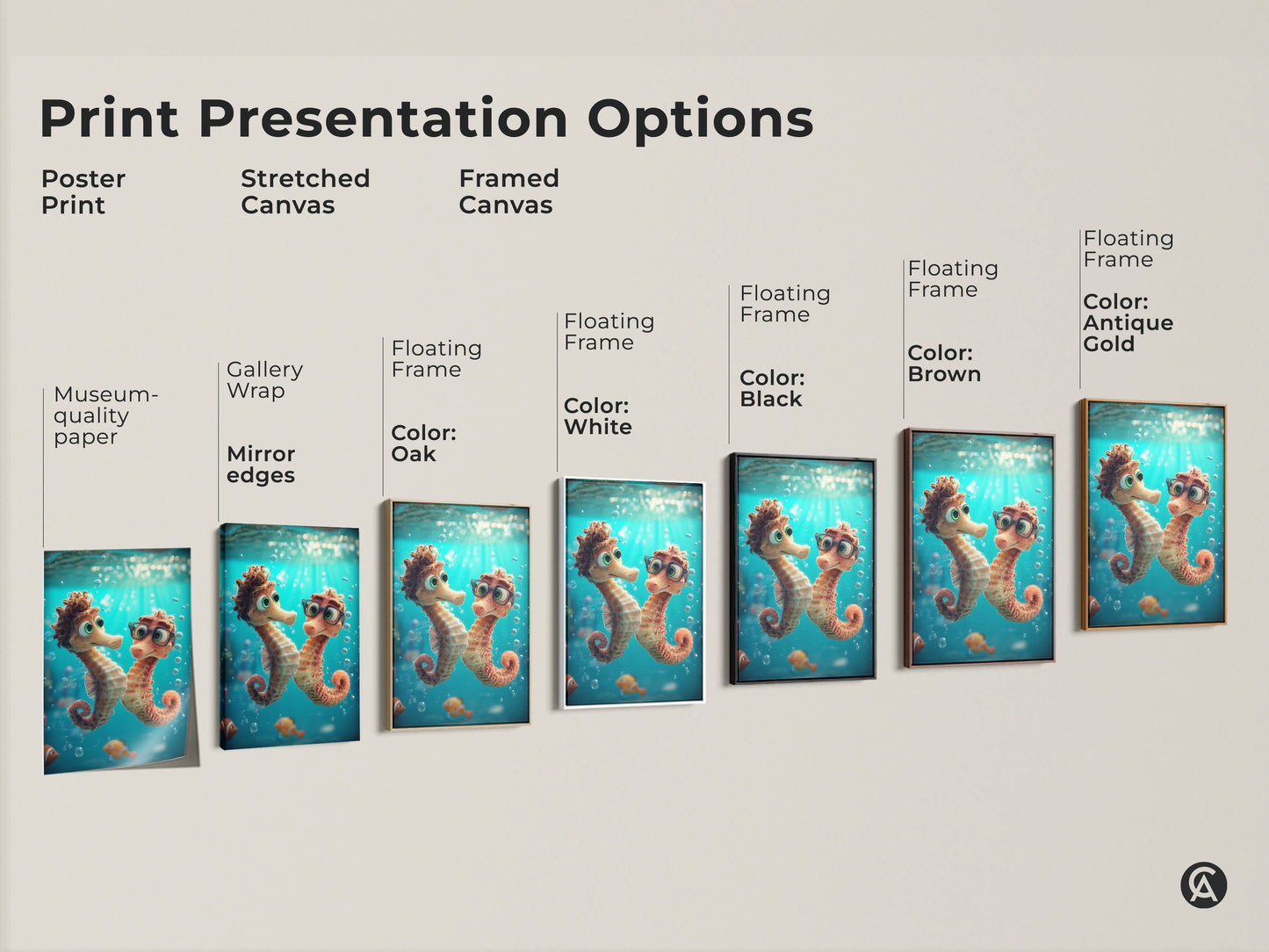 Print presentation options featuring seahorse and clownfish. Options include poster print stretched canvas and framed canvas. Displayed in oak white black brown and antique gold. Find the perfect style for kids room ocean wall art. A great gift for kids.