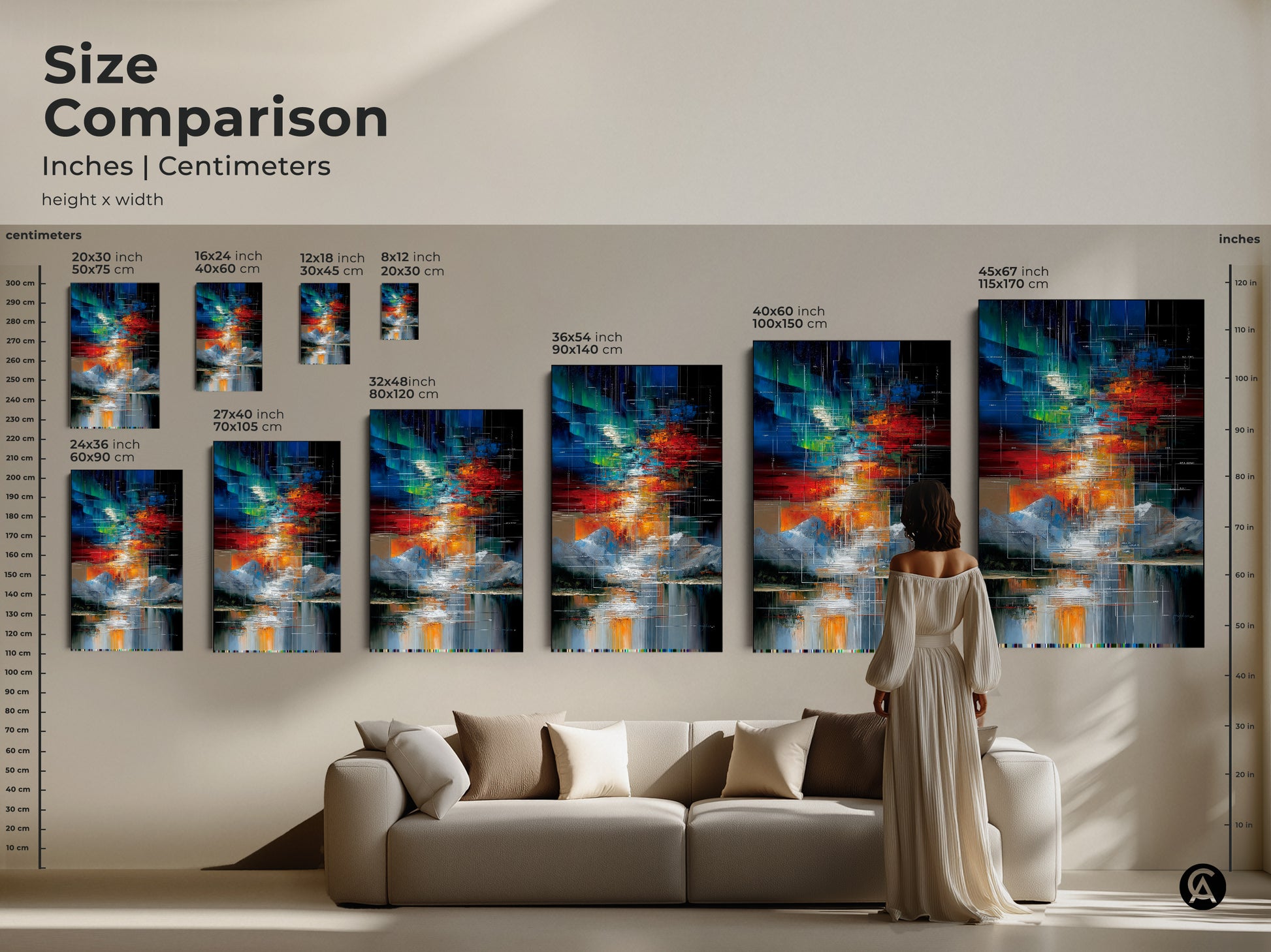 See the size comparison of this abstract geometric landscape canvas and poster prints. Ranging from 8x12 to 45x67 inches to find the perfect fit. The vibrant red green and blue mountain lake artwork adds a contemporary touch to any living room or office. A modern art piece for your space.