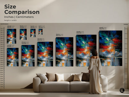 See the size comparison of this abstract geometric landscape canvas and poster prints. Ranging from 8x12 to 45x67 inches to find the perfect fit. The vibrant red green and blue mountain lake artwork adds a contemporary touch to any living room or office. A modern art piece for your space.