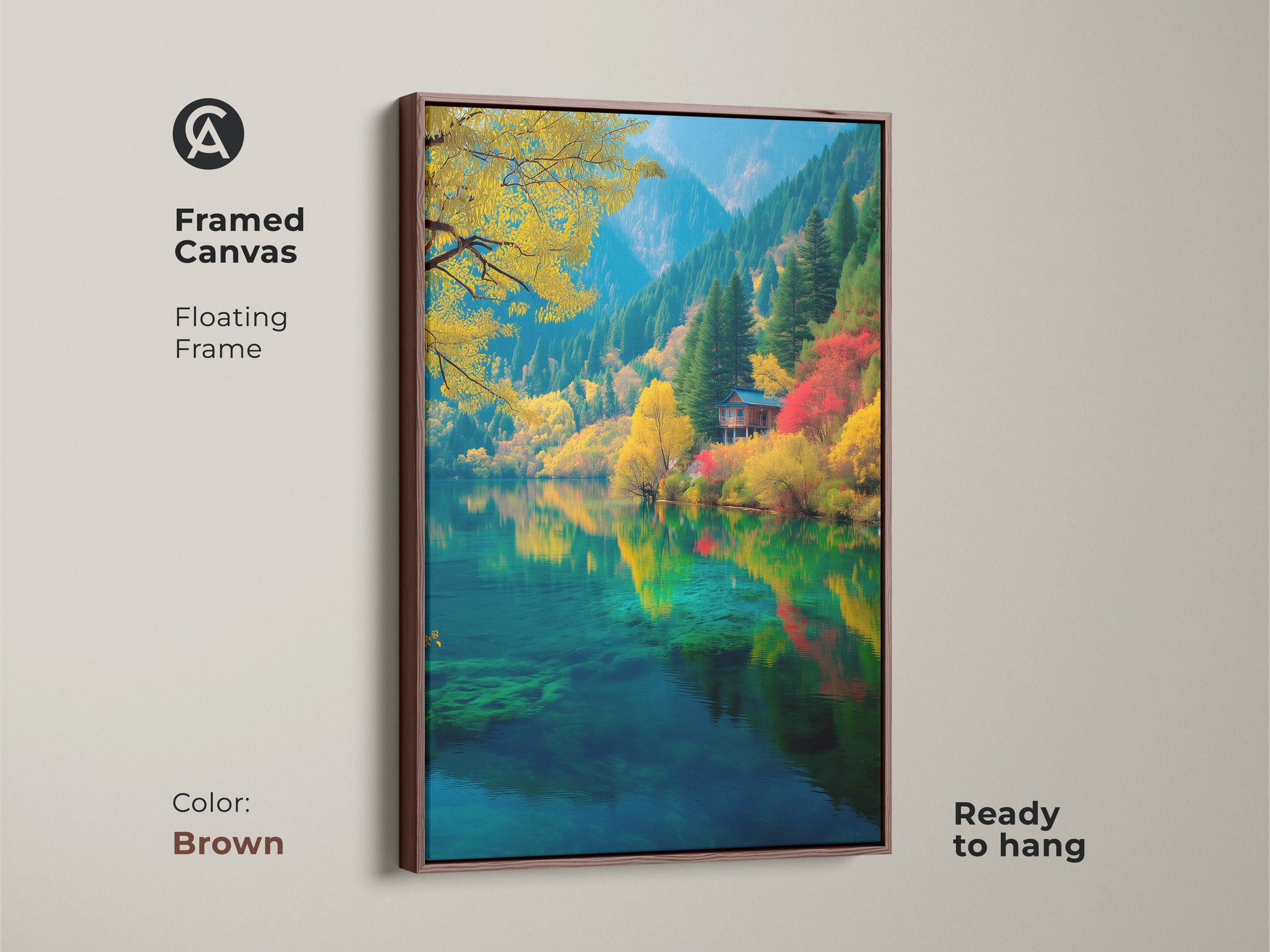 Framed canvas art with a floating frame in brown. The artwork showcases a stunning lake view with colorful autumn trees and a charming cabin. This ready-to-hang piece enhances your home decor. Discover our nature-inspired framed artwork for your space.