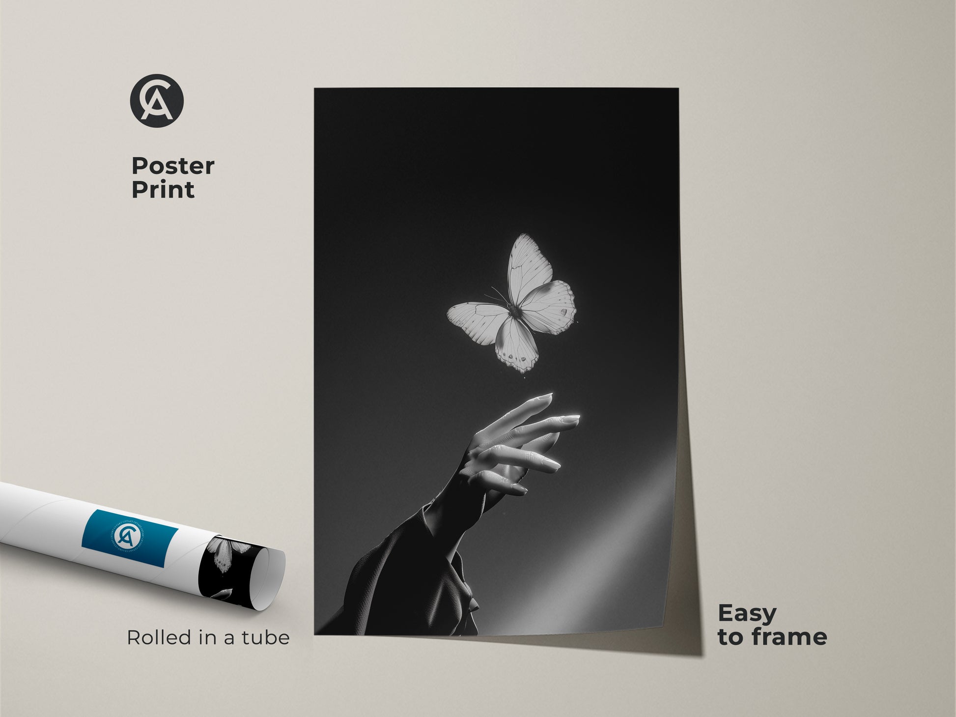 Rolled poster print of black white abstract art. This fine art print shows an insect and human touch. The contemporary artwork is perfect for minimalist bedroom decor. Easy to frame and a nature lover gift idea. Elegant living room canvas.