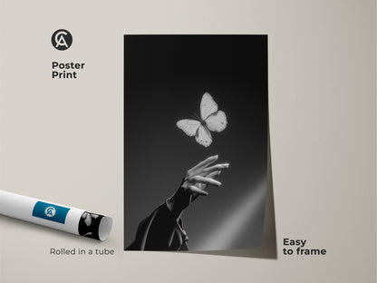 Rolled poster print of black white abstract art. This fine art print shows an insect and human touch. The contemporary artwork is perfect for minimalist bedroom decor. Easy to frame and a nature lover gift idea. Elegant living room canvas.