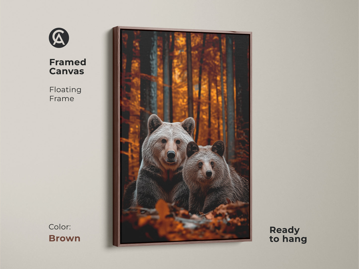 Brown framed canvas featuring realistic bear family art. Floating frame ready to hang. Warm rustic decor for wildlife lovers. Autumn forest art adds cozy charm to any room. Bring nature indoors with this beautiful animal portrait. A thoughtful housewarming gift. The color is Brown
