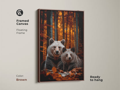 Brown framed canvas featuring realistic bear family art. Floating frame ready to hang. Warm rustic decor for wildlife lovers. Autumn forest art adds cozy charm to any room. Bring nature indoors with this beautiful animal portrait. A thoughtful housewarming gift. The color is Brown