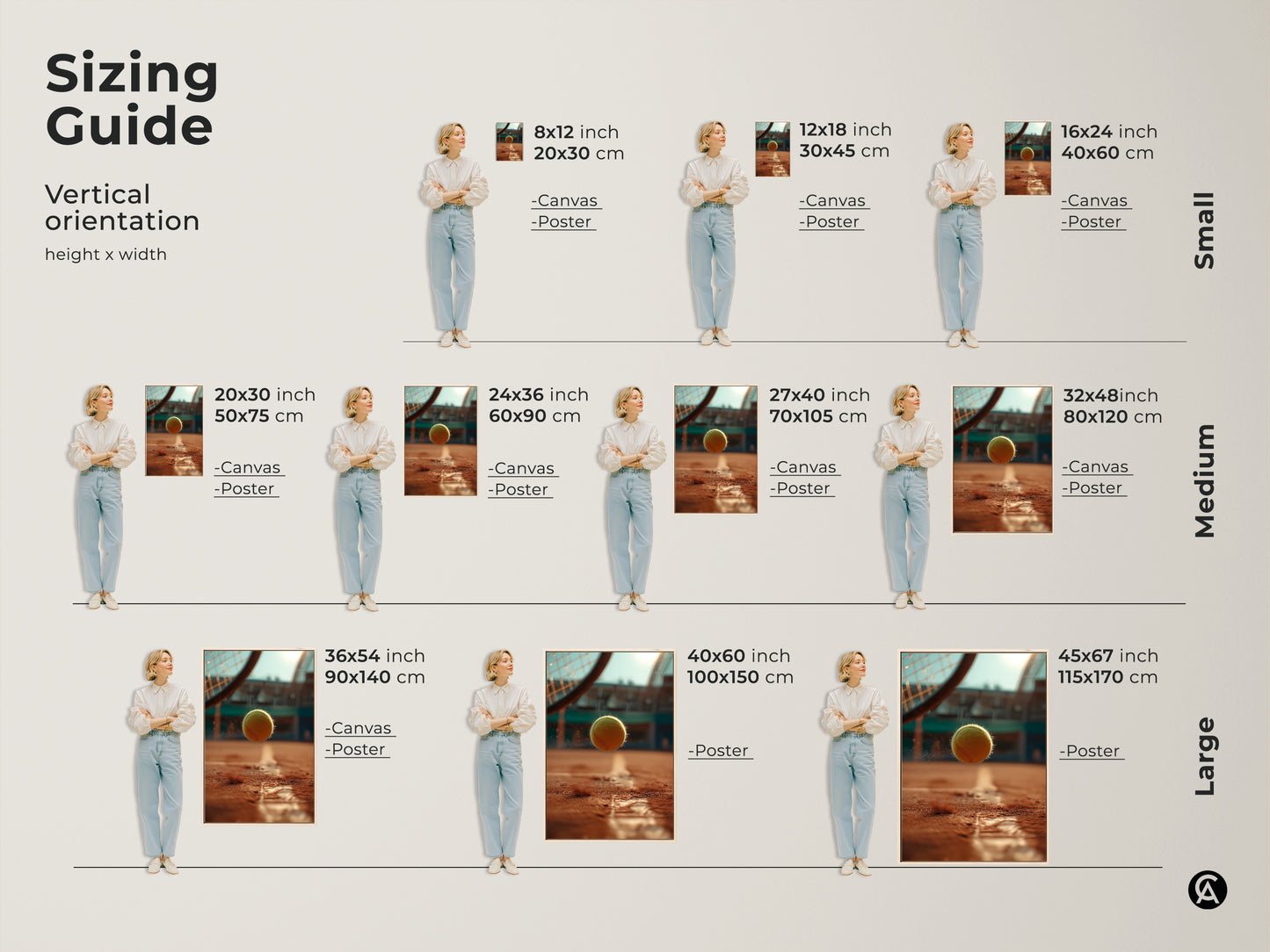 Explore our tennis ball artwork sizing guide. Vertical orientation options are available in small medium and large. Find the ideal size for your space. Canvas and poster options are available. Transform your walls with our stunning sports artwork.
