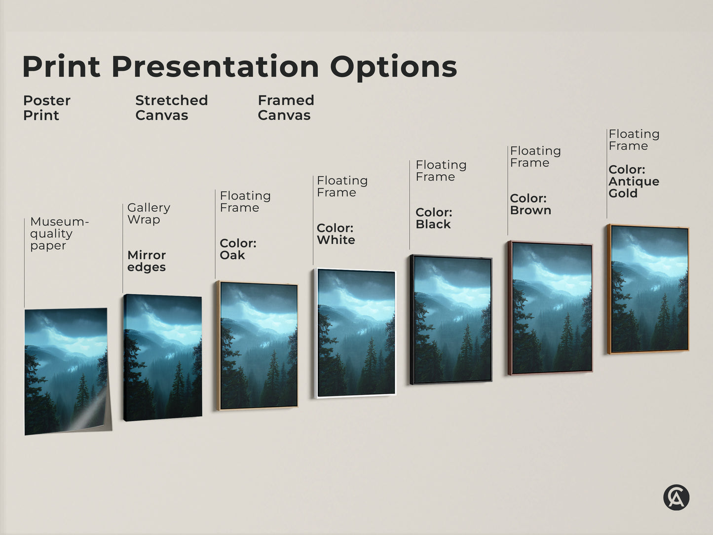 Print presentation options featuring deep blue landscape artwork of a moody pine forest. Choose from poster print stretched canvas or framed canvas. Gallery wrap mirror edges and floating frame colors. Rustic home decor art for an outdoor lover. Nature wall hanging.
