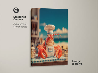 Gallery wrapped canvas art print of a lobster chef. The stretched canvas features mirror edges and is ready to hang. This humorous artwork adds a fun touch to any room. Perfect for coastal homes or seafood restaurants. Get this unique art piece today.