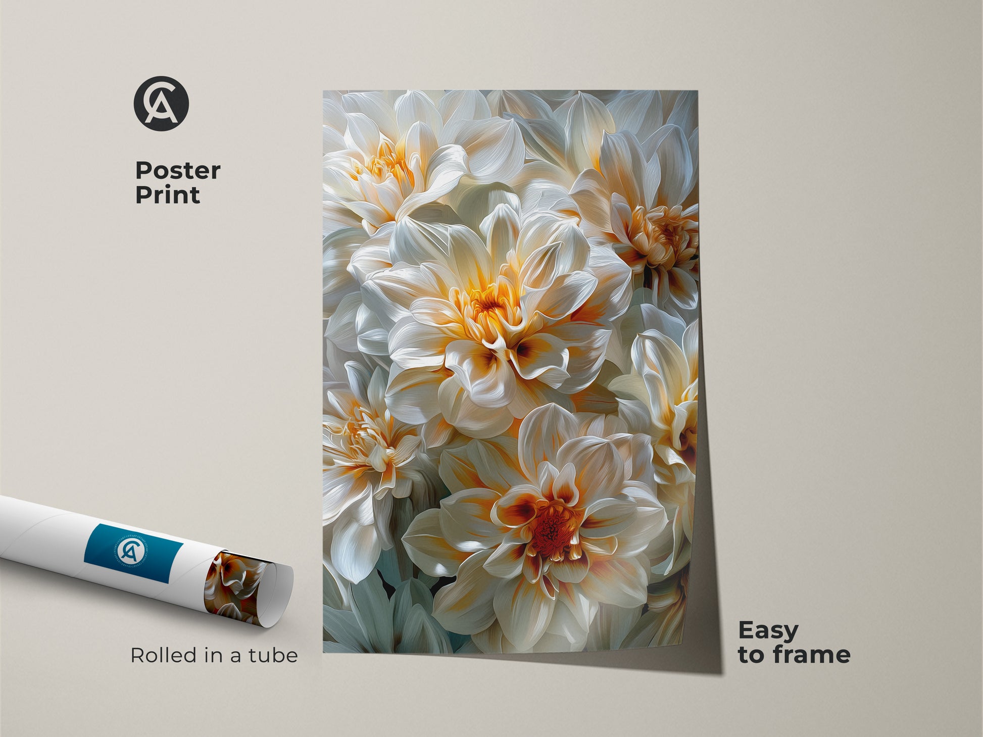 Rolled poster print featuring a vibrant dahlia floral artwork. The poster is easy to frame. The museum-quality paper ensures lasting beauty. This floral poster print is perfect for adding a touch of nature to your walls. It is a simple and affordable way to decorate.