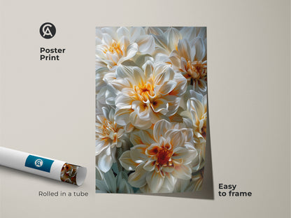 Rolled poster print featuring a vibrant dahlia floral artwork. The poster is easy to frame. The museum-quality paper ensures lasting beauty. This floral poster print is perfect for adding a touch of nature to your walls. It is a simple and affordable way to decorate.