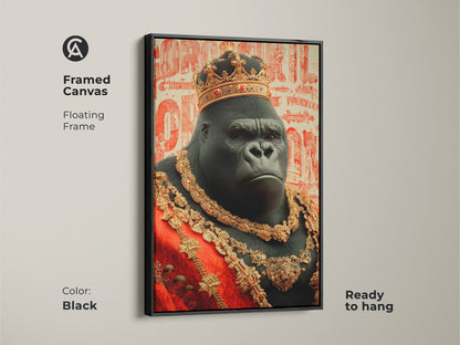 Framed canvas art featuring a majestic gorilla king with a black floating frame. The crowned animal art adds a sophisticated touch to any space. Ready to hang this regal gorilla canvas print is perfect for study room decor or office wall art.