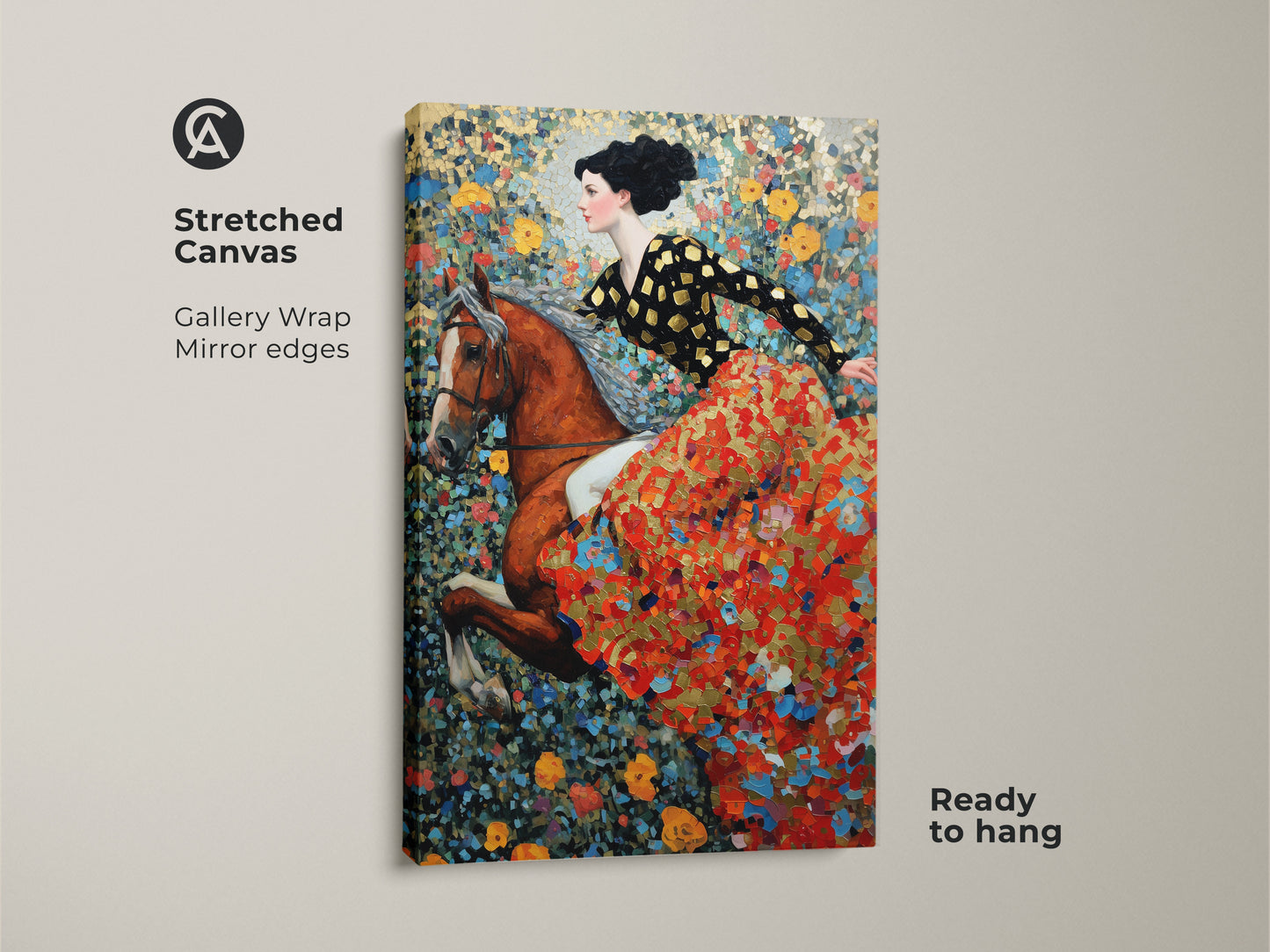 Stretched canvas art showcasing a woman on horseback with a vibrant floral backdrop. The gallery wrap has mirror edges. This ready-to-hang art print features a blend of red gold and blue. Perfect for adding a touch of bohemian elegance. This artwork is ideal for horse enthusiasts.
