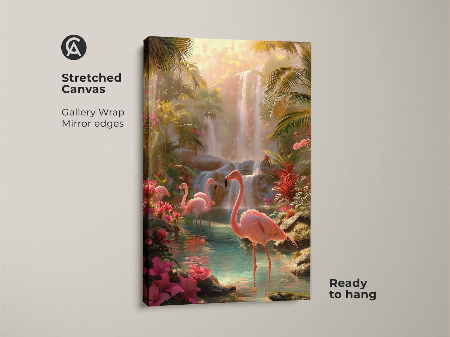 Stretched canvas art featuring a tropical flamingo and waterfall scene. Gallery wrap with mirror edges creates a seamless look. Ready to hang and adds exotic botanical wall art to any space. Pink bird nature print.
