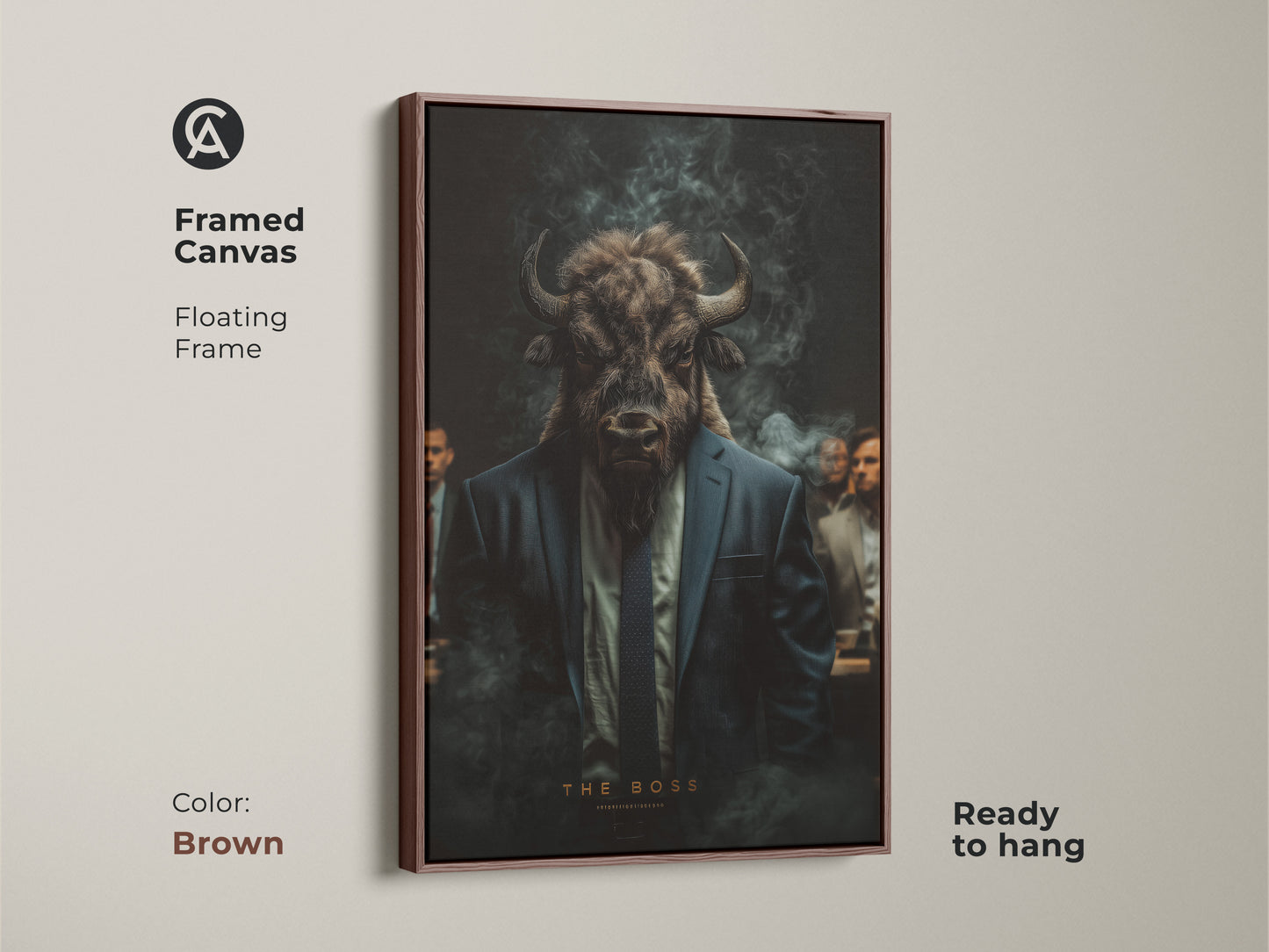 Framed canvas artwork of a bull-headed man in a suit. Floating frame in brown. Ready to hang for easy display. This piece brings a touch of elegance. Great for those who appreciate unique art. Elevate your space.
