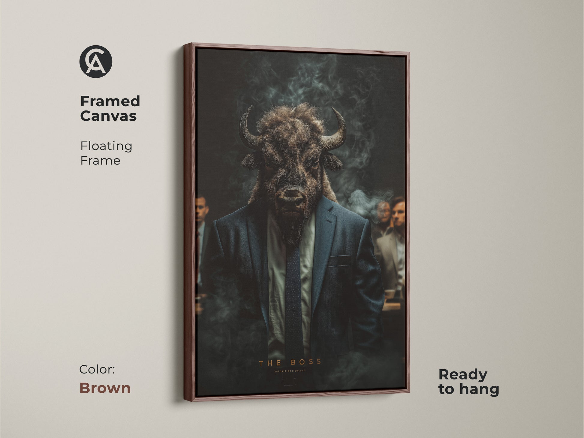 Framed canvas artwork of a bull-headed man in a suit. Floating frame in brown. Ready to hang for easy display. This piece brings a touch of elegance. Great for those who appreciate unique art. Elevate your space.