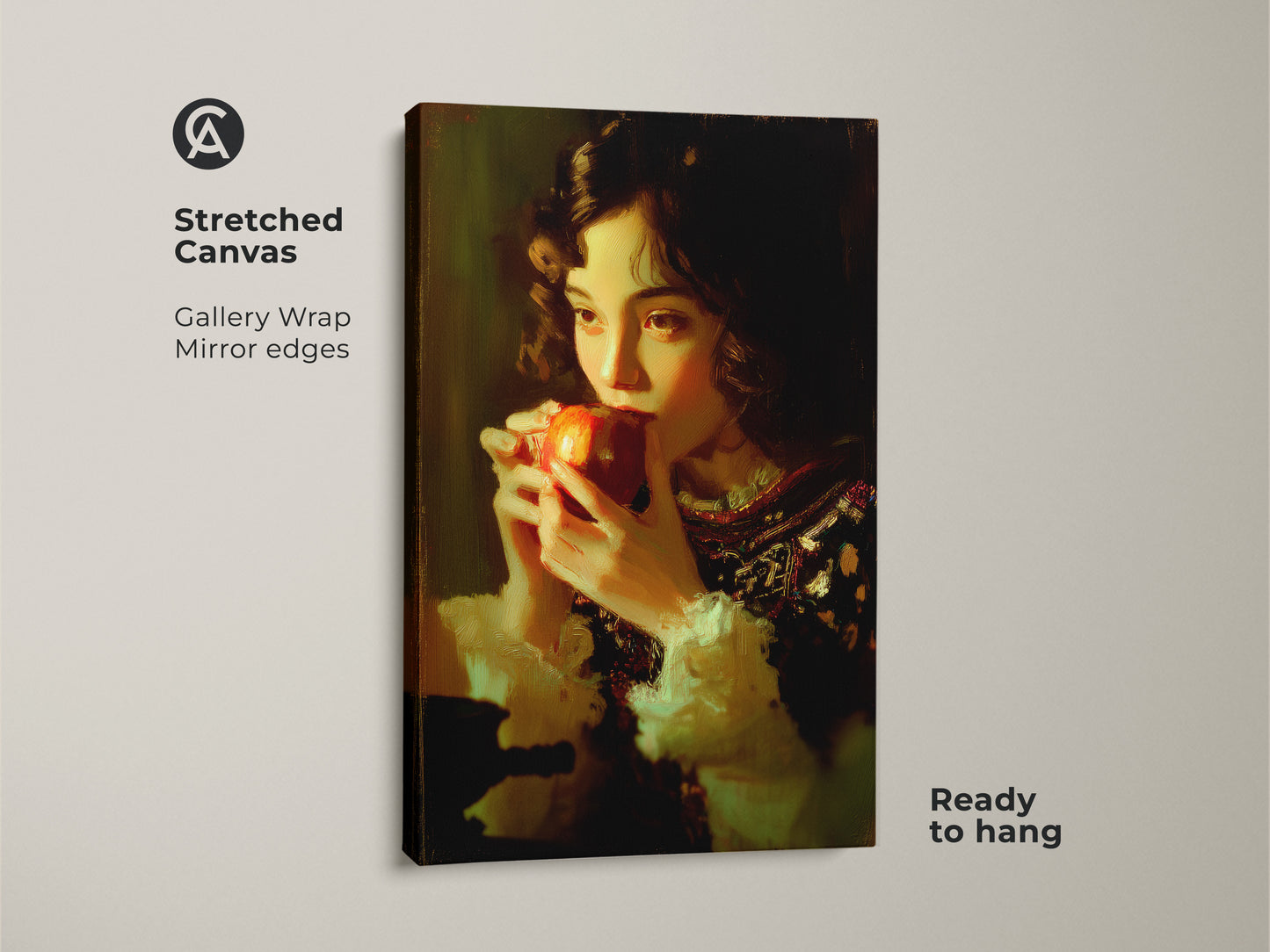 A gallery wrapped stretched canvas print featuring a girl eating an apple. Classical realism wall art with mirror edges is ready to hang. Chiaroscuro art print in traditional still life style. Ideal as a food lover housewarming gift. This realism portrait enhances home decor.