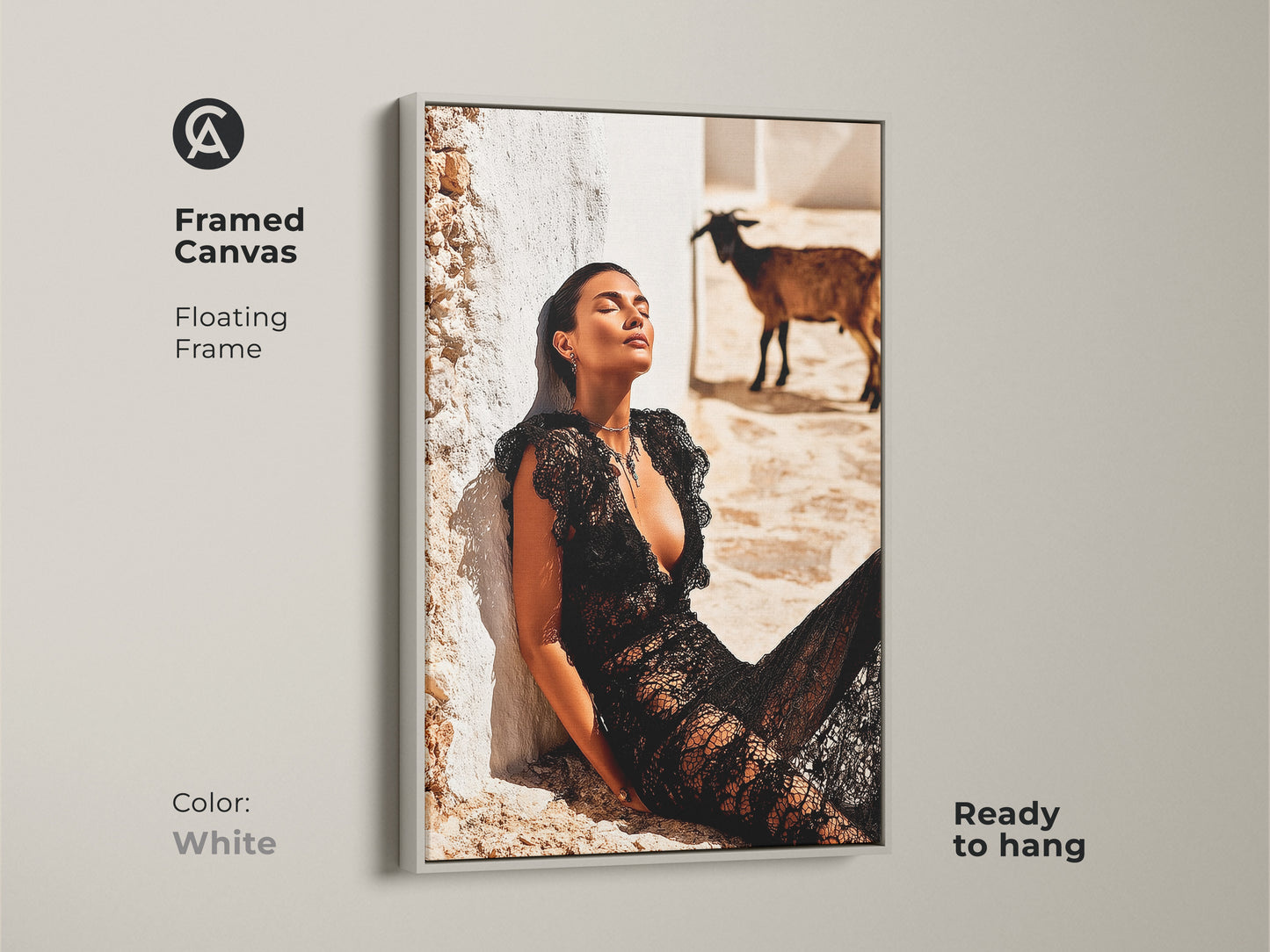 Framed Canvas with a floating white frame. The fashion photography artwork features a woman in a black lace dress with a goat. Ready to hang. Brings an eclectic touch to interiors. The artwork enhances any space. Ideal housewarming gift for fashion lovers. It's great for contemporary decor.