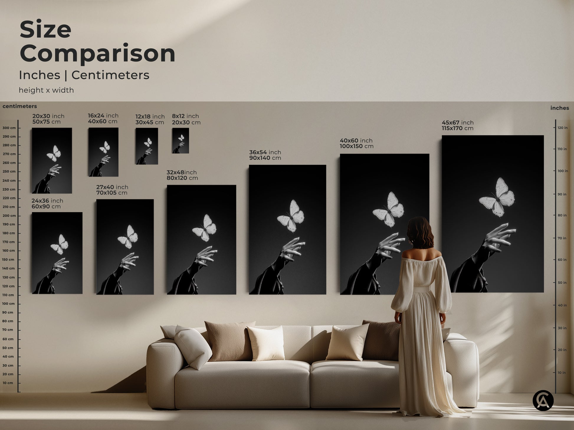 Size comparison chart in inches and centimeters. Sizes are 20x30 inch 16x24 inch 12x18 inch 8x12 inch 24x36 inch 40x60 inch and 45x67 inch. The black and white abstract art features an insect and human touch. Minimalist home decor.