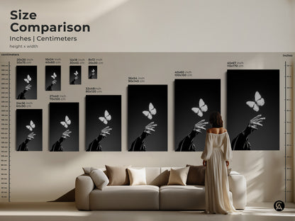 Size comparison chart in inches and centimeters. Sizes are 20x30 inch 16x24 inch 12x18 inch 8x12 inch 24x36 inch 40x60 inch and 45x67 inch. The black and white abstract art features an insect and human touch. Minimalist home decor.