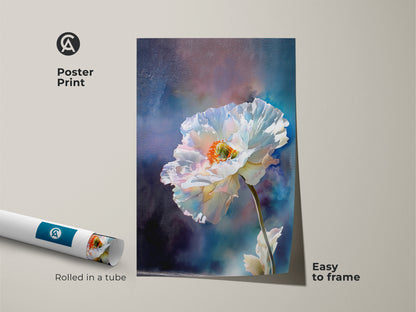 Poster Print of White Poppy Artwork rolled in a tube. The botanical floral wall art showcases an impressionistic flower print. Easy to frame abstract nature artwork. Add contemporary botanical decor to your space.