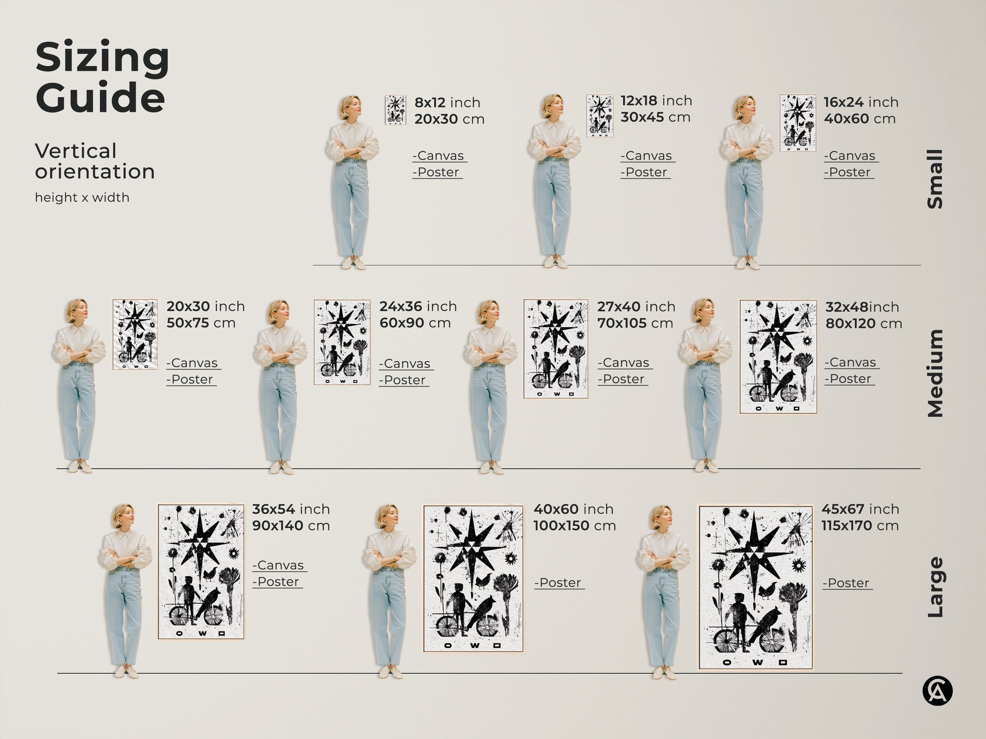 Sizing guide for minimalist abstract linocut artwork. Vertical orientation options include canvas and poster prints in small medium and large sizes. The black and white art features a child bird graphic with a starburst. A unique housewarming gift.