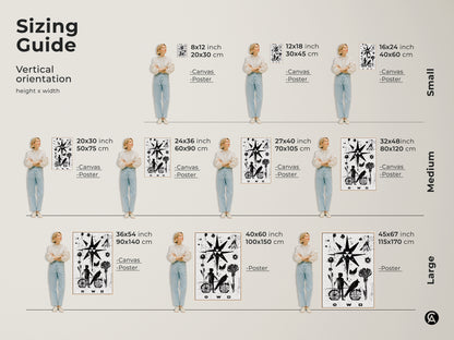 Sizing guide for minimalist abstract linocut artwork. Vertical orientation options include canvas and poster prints in small medium and large sizes. The black and white art features a child bird graphic with a starburst. A unique housewarming gift.