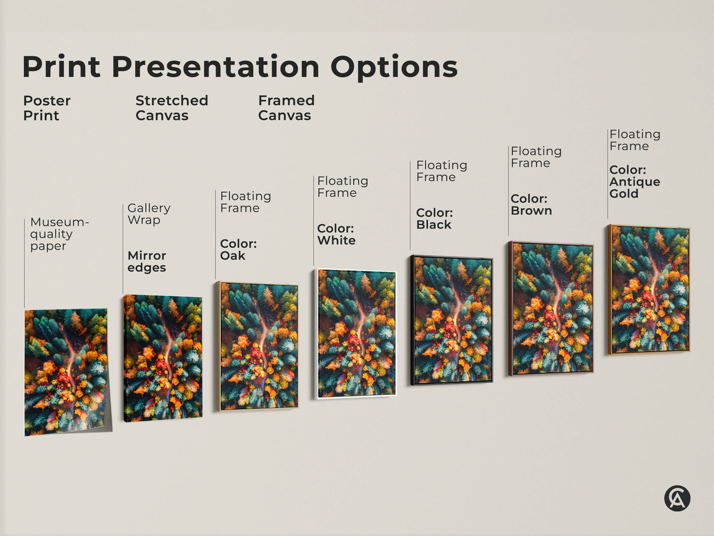 Explore print presentation options for forest landscape art. Choose from poster prints stretched canvas and framed canvas. Options include gallery wrap floating frames and various colors. Find the perfect style to showcase this autumn forest artwork.