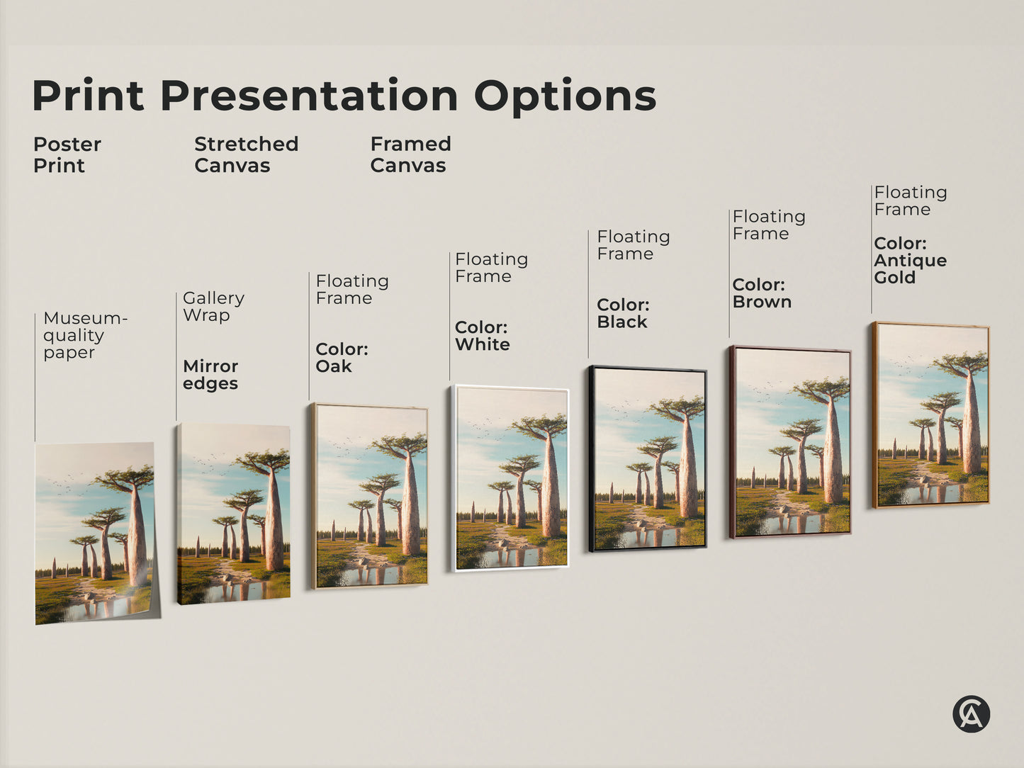 Explore print options for realistic Baobab tree artwork. Choose from poster prints stretched canvases and framed canvases. Each features an African savanna landscape with earth tones and sky blue.