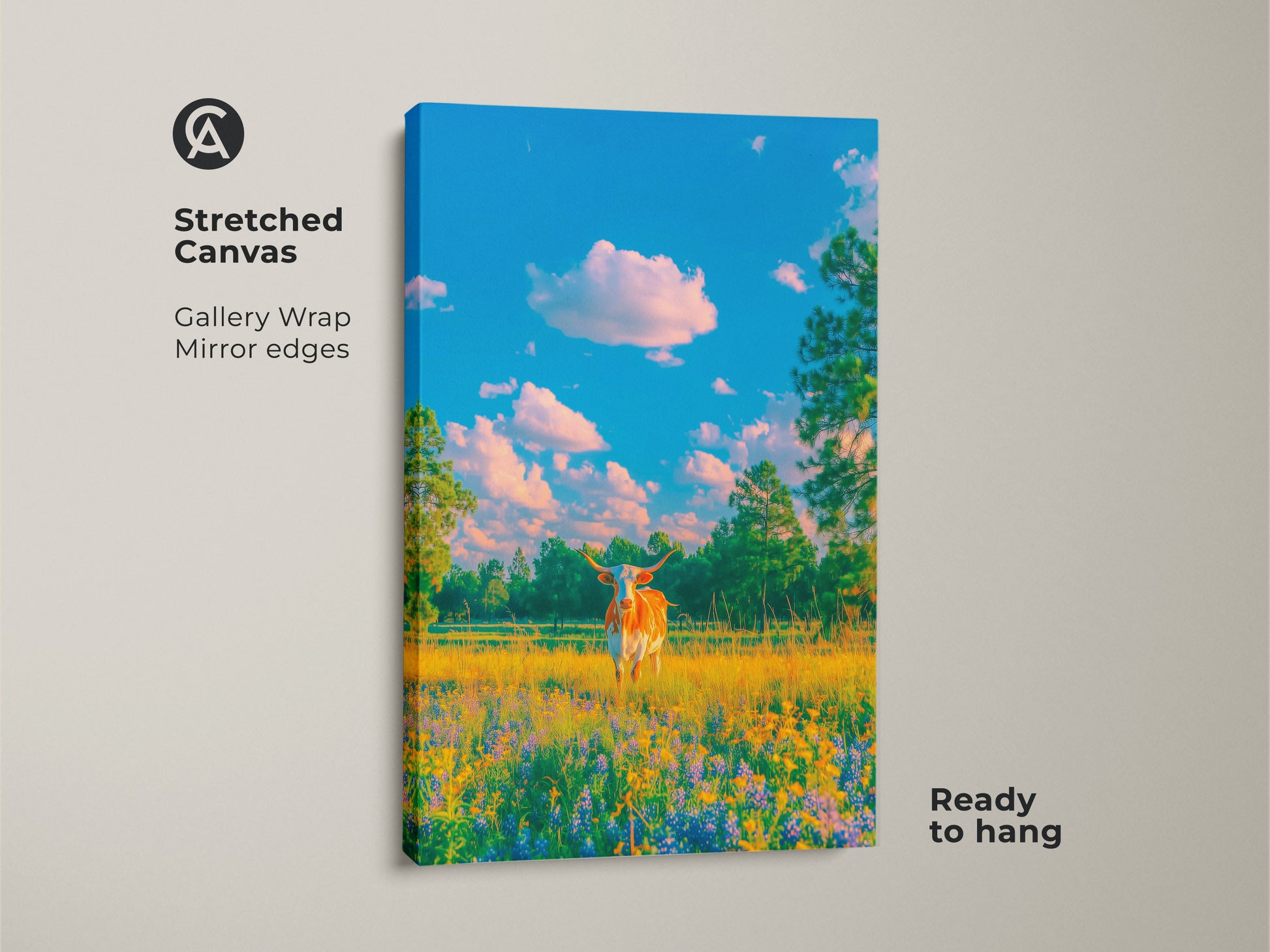 A stretched canvas print shows a Longhorn cow in a wildflower field. Gallery wrapped with mirror edges this piece is ready to hang. The vibrant colors and detailed brushstrokes bring life to the scene. Perfect wall art for home decor.