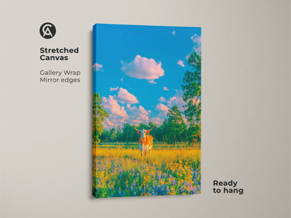 A stretched canvas print shows a Longhorn cow in a wildflower field. Gallery wrapped with mirror edges this piece is ready to hang. The vibrant colors and detailed brushstrokes bring life to the scene. Perfect wall art for home decor.