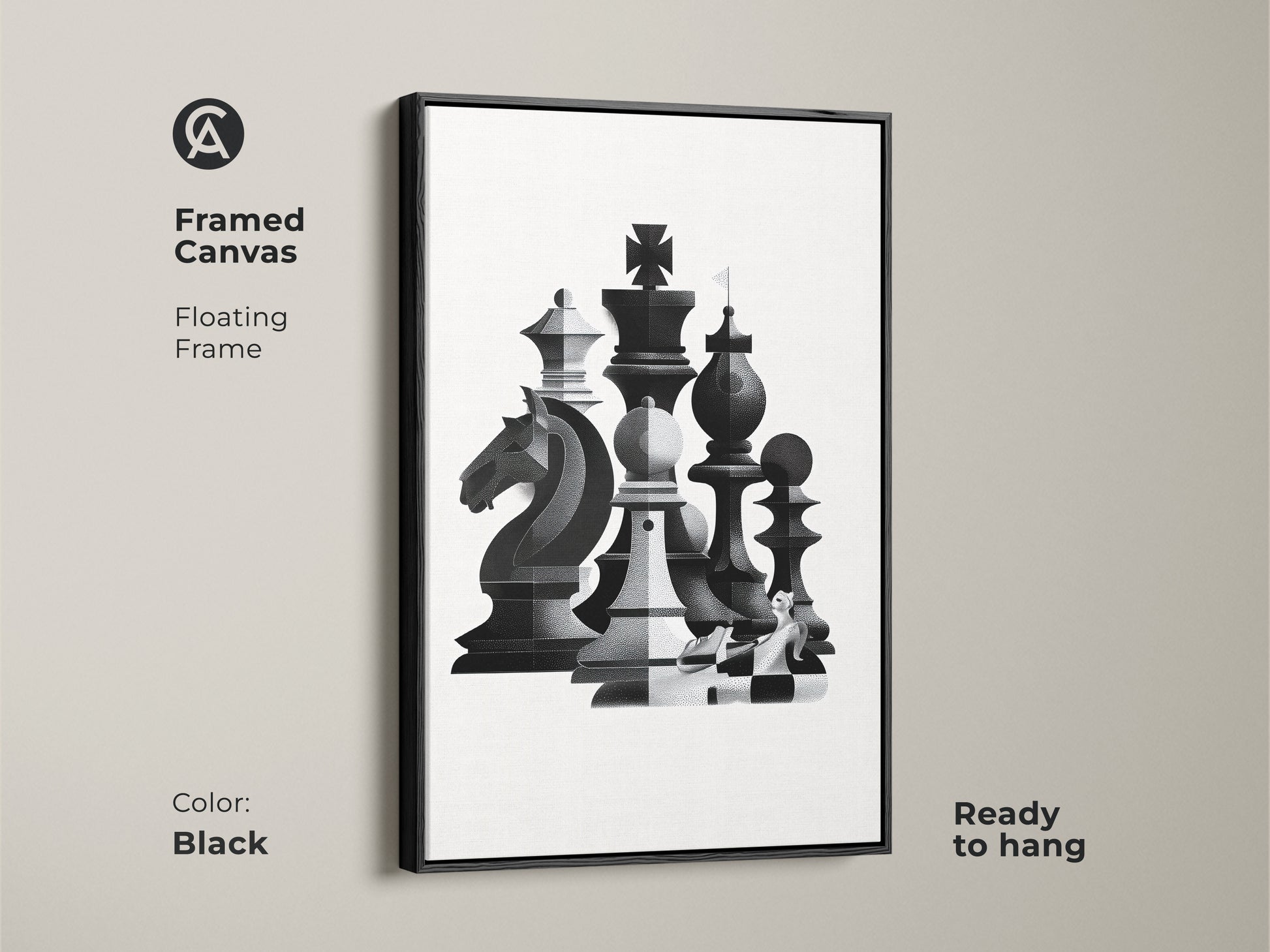 Enhance your decor with this framed canvas of abstract chess art. The floating frame adds a touch of elegance. This monochrome wall art is ready to hang. The geometric knight print serves as modern office decor in black.