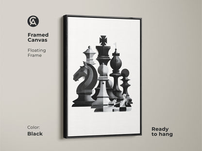 Enhance your decor with this framed canvas of abstract chess art. The floating frame adds a touch of elegance. This monochrome wall art is ready to hang. The geometric knight print serves as modern office decor in black.