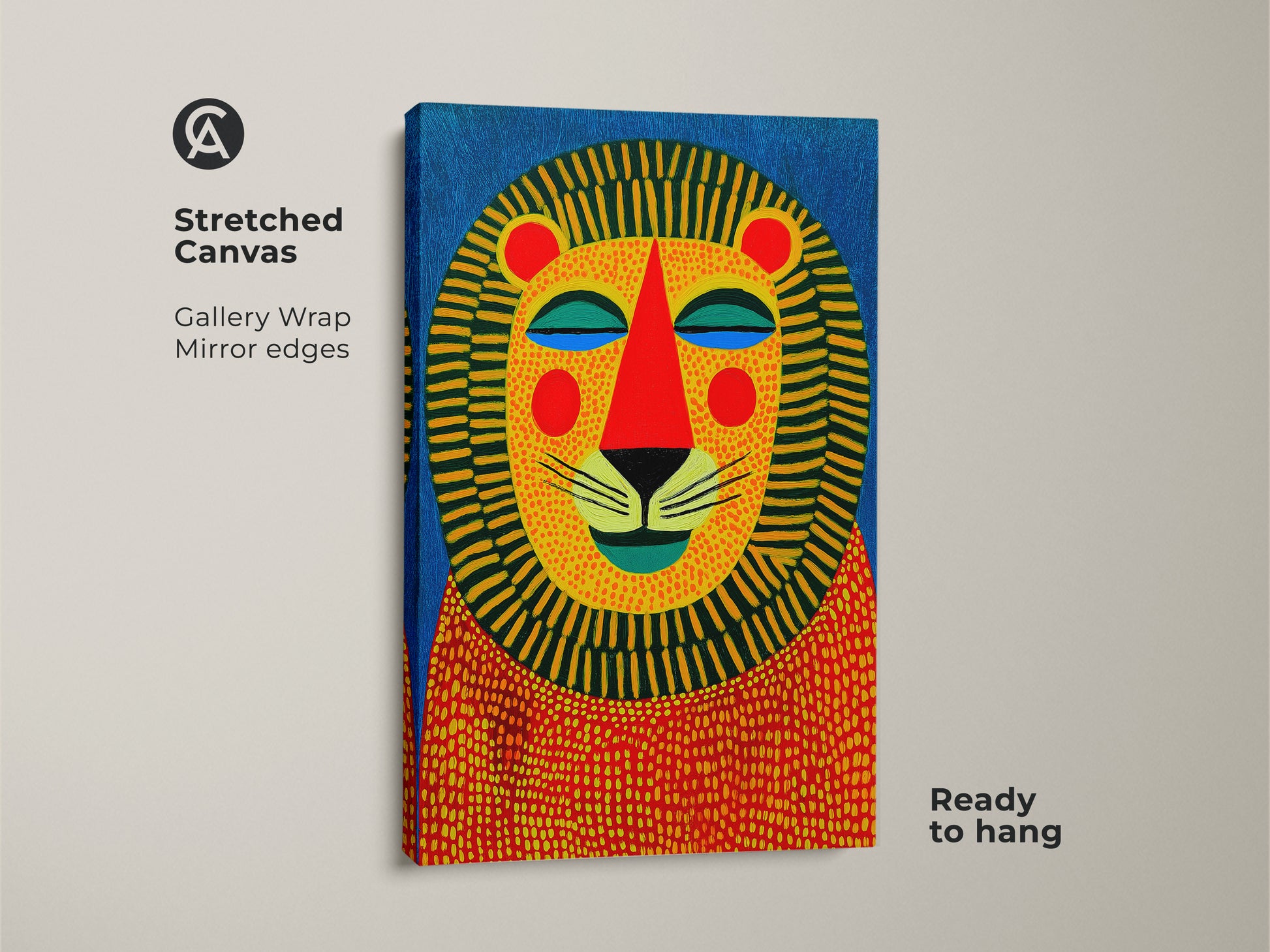 Stretched canvas featuring a geometric lion print. This colorful animal wall art is ready to hang. The modern folk art style is ideal for nursery wall decor. It is a unique piece for eclectic home decor.
