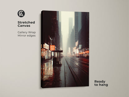 Stretched canvas displaying a city night street canvas. This gallery wrapped artwork has mirror edges and is ready to hang. The urban cityscape wall art brings a moody industrial aesthetic to your home.