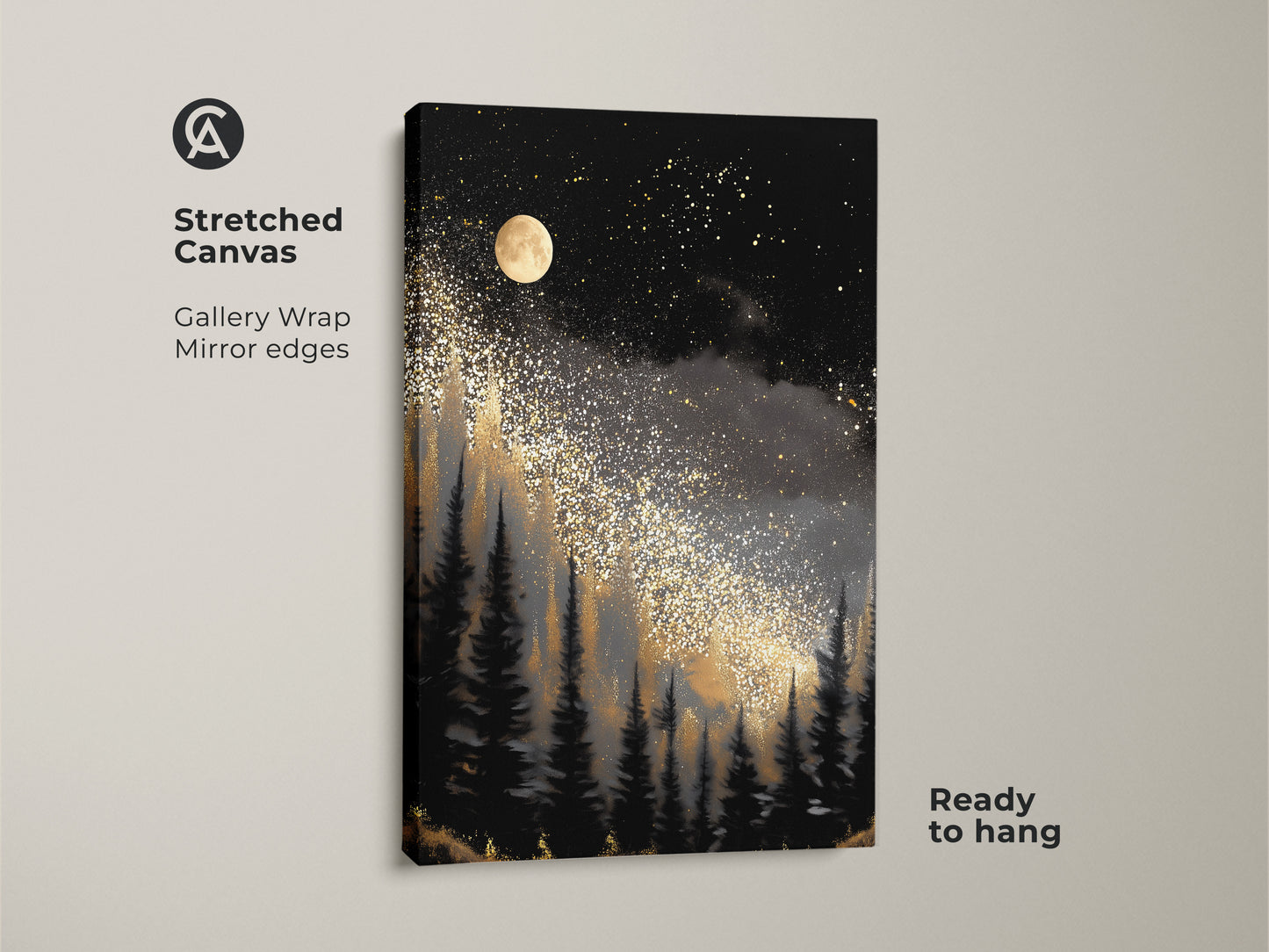 Explore a stretched canvas print of abstract moon art. The black gold celestial decor brings a dreamy forest artwork feel. Transform your space with this contemporary piece ready to hang.