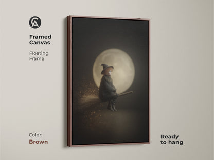 Framed canvas of a witch on a broomstick art with a floating brown frame. Gothic moon wall decor in a black and gold palette. Ready to hang for easy display. Perfect eclectic witchy decor for Halloween enthusiasts. This dark academia wall art adds a touch of fantasy.