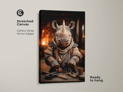 Stretched canvas print showcasing a fantasy rhino character. Its gallery wrap style and mirror edges enhance the Tan and orange color palette. Perfect for animal lovers and eclectic office spaces. This unique artisan animal wall art is ready to hang adding sophistication and charm to your decor.