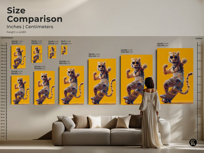 Size comparison of retro skateboard tiger art in inches and centimeters. Visual guide of sizes canvas and poster format will fit your space. Notice the unique wall hanging and cool animal artwork.