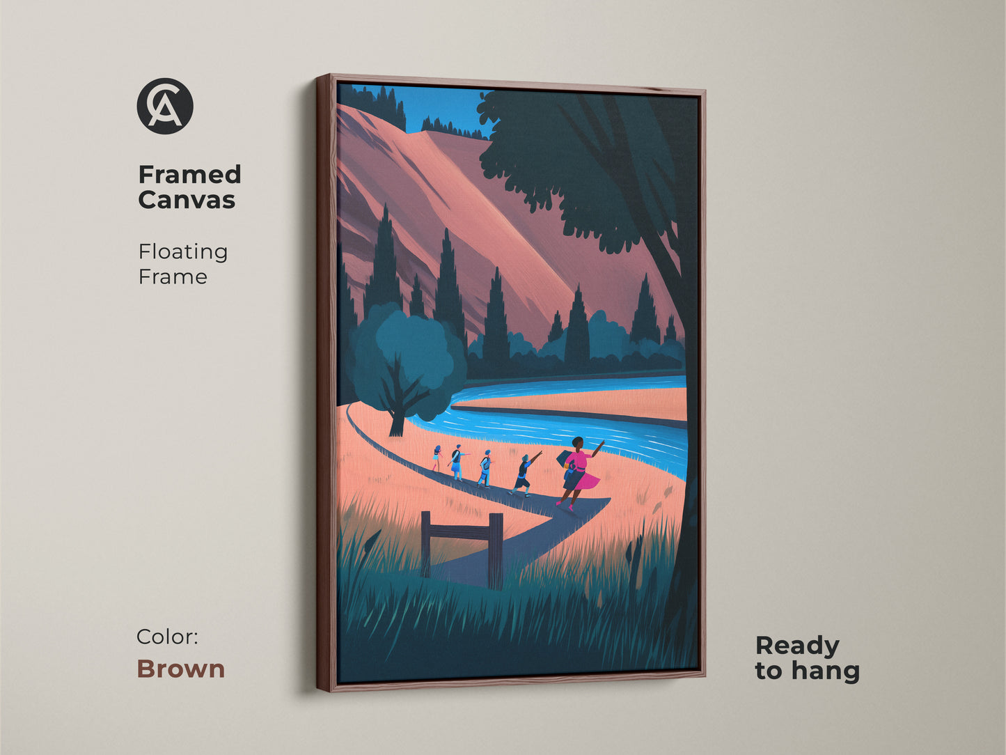 Framed Canvas version of the Boho Nature Artwork. The river landscape artwork features hikers. The floating frame is brown. This modern folk art print is ready to hang. The coral blue teal colors offer a boho style to your home decor.