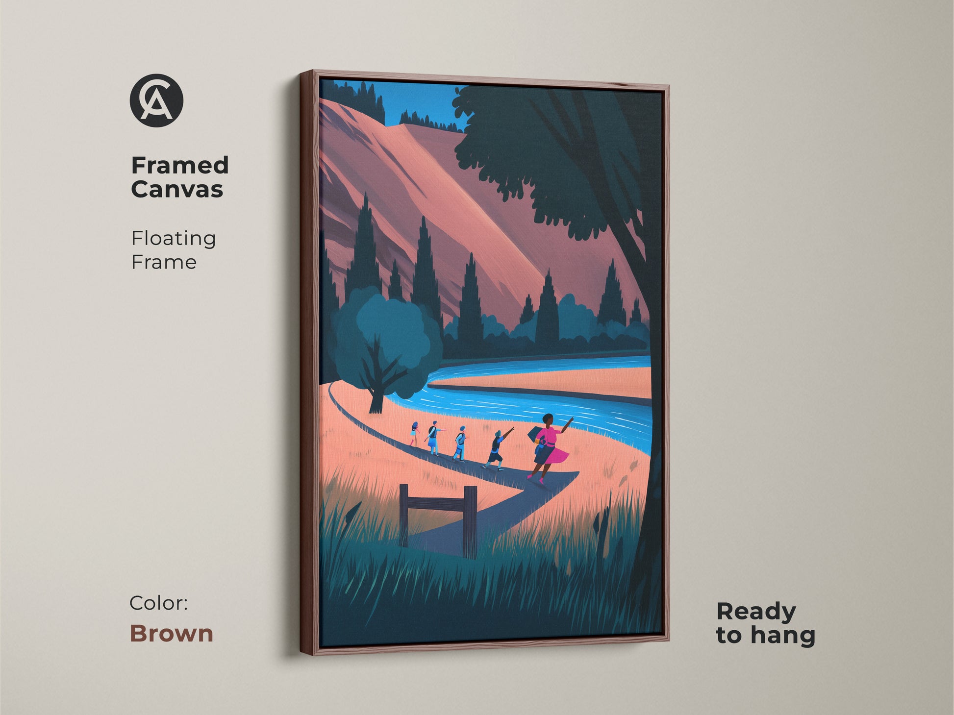 Framed Canvas version of the Boho Nature Artwork. The river landscape artwork features hikers. The floating frame is brown. This modern folk art print is ready to hang. The coral blue teal colors offer a boho style to your home decor.