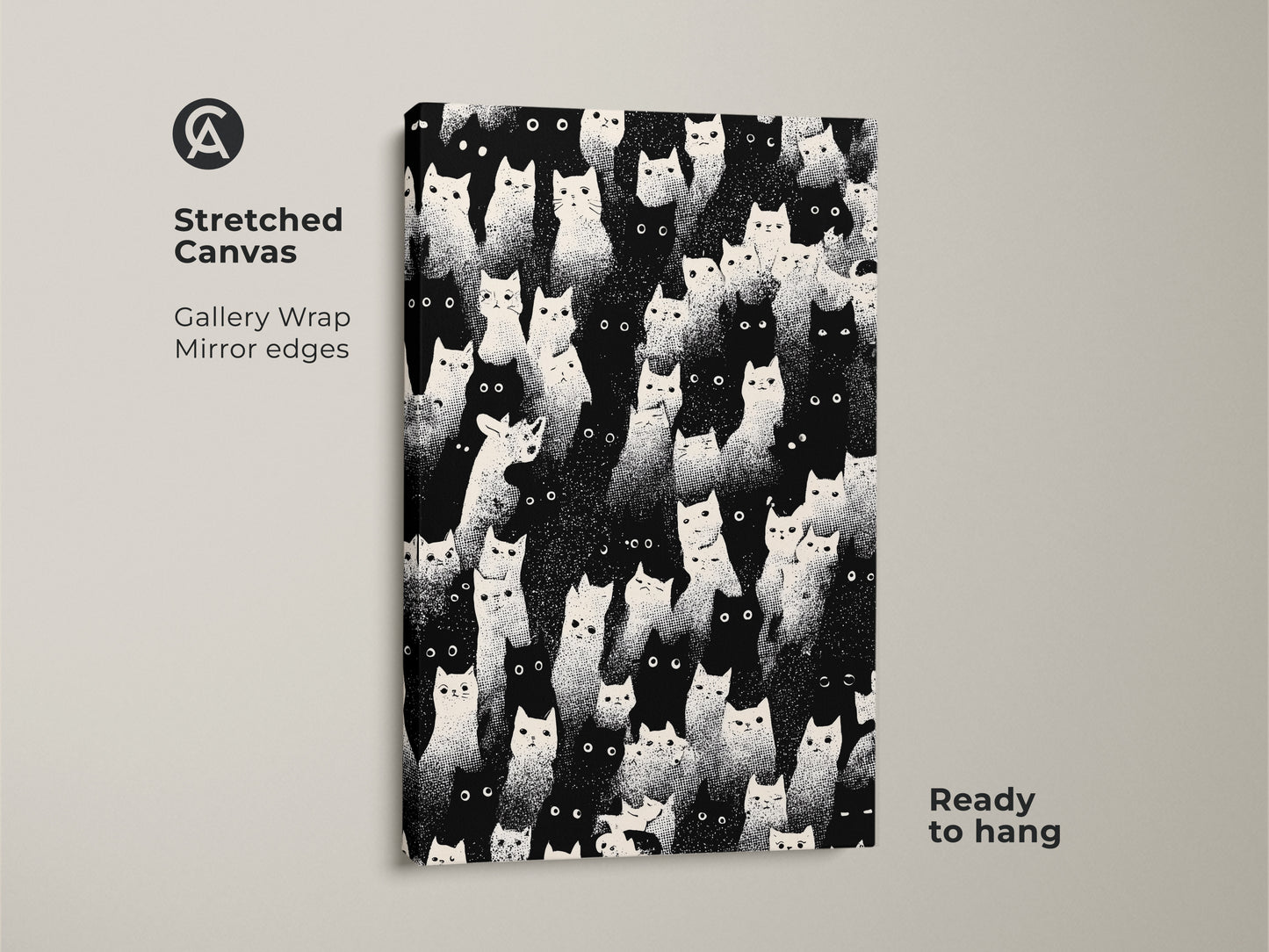 Stretched canvas featuring an eclectic cat print. Gallery wrapped with mirror edges. This black and white wall art is ready to hang. It offers minimalist animal decor ideal for a cat mom's home. Enjoy the graphic animal wall art that brings a modern touch.