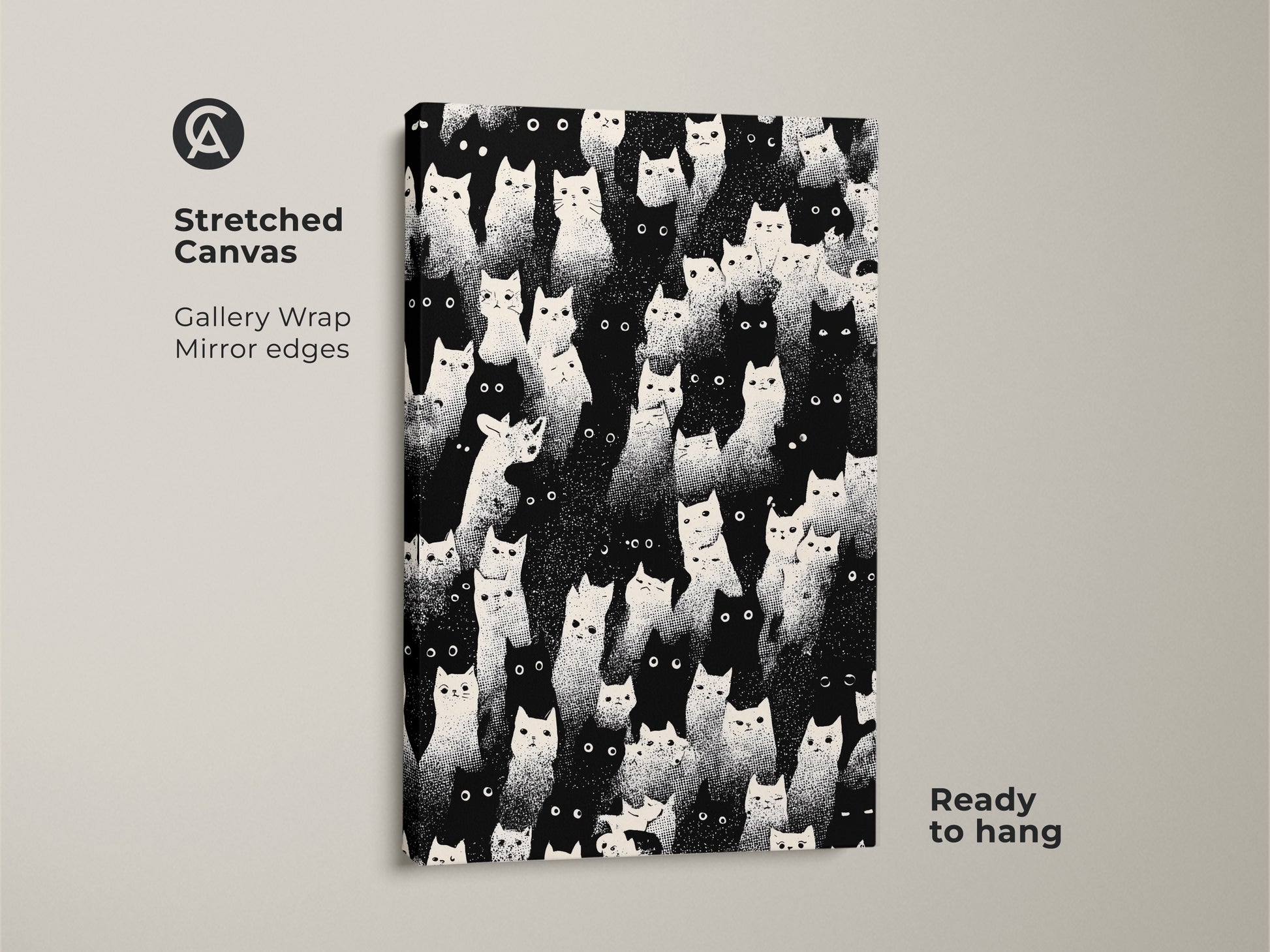 Stretched canvas featuring an eclectic cat print. Gallery wrapped with mirror edges. This black and white wall art is ready to hang. It offers minimalist animal decor ideal for a cat mom's home. Enjoy the graphic animal wall art that brings a modern touch.