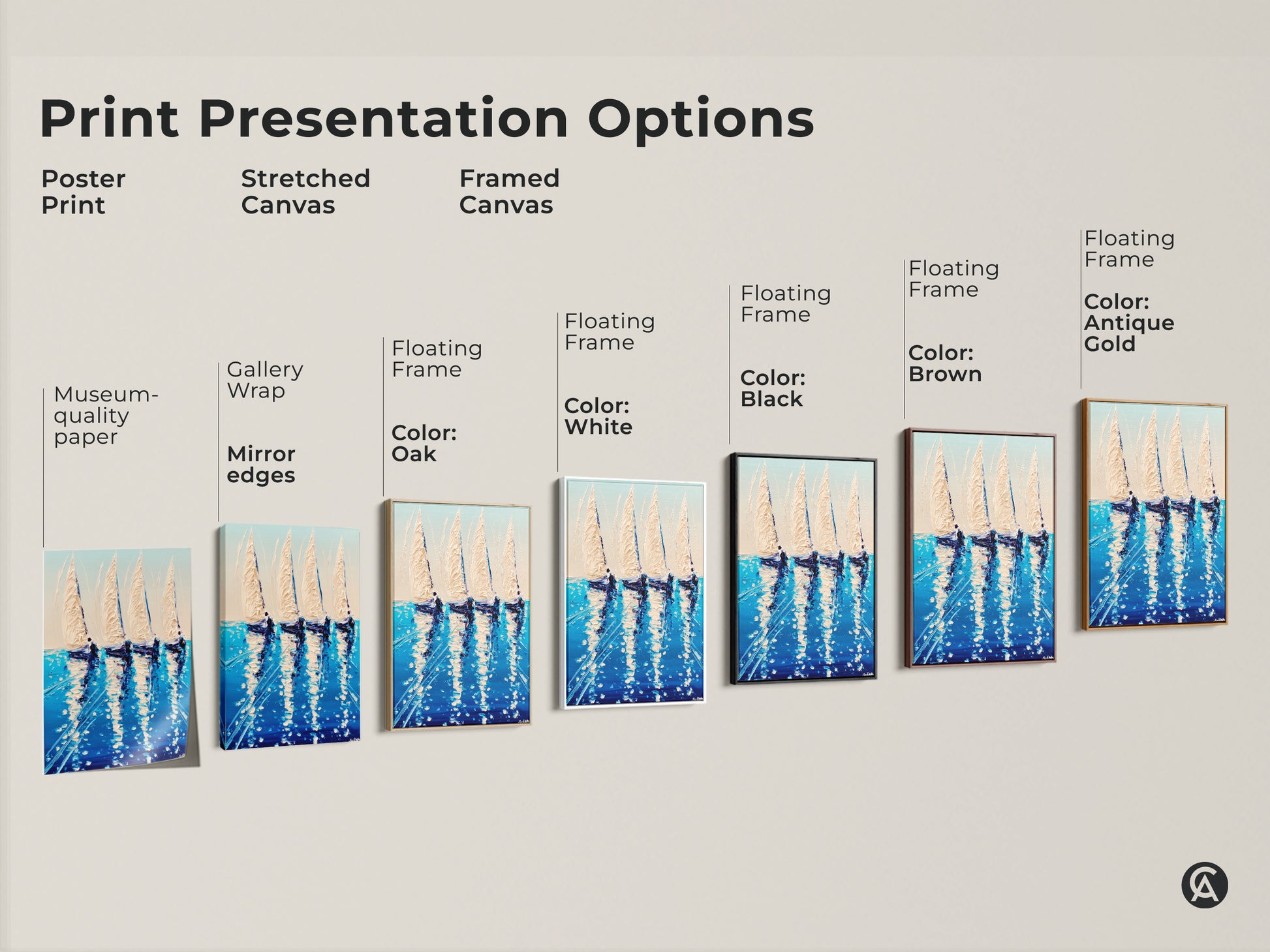 Explore print presentation options for deep blue sailboat artwork. Choose from poster print stretched canvas and framed canvas. Select museum-quality paper or gallery wrap. Frame colors include black brown antique gold oak and white. Nautical art for home decor.