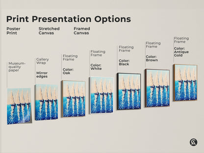 Explore print presentation options for deep blue sailboat artwork. Choose from poster print stretched canvas and framed canvas. Select museum-quality paper or gallery wrap. Frame colors include black brown antique gold oak and white. Nautical art for home decor.