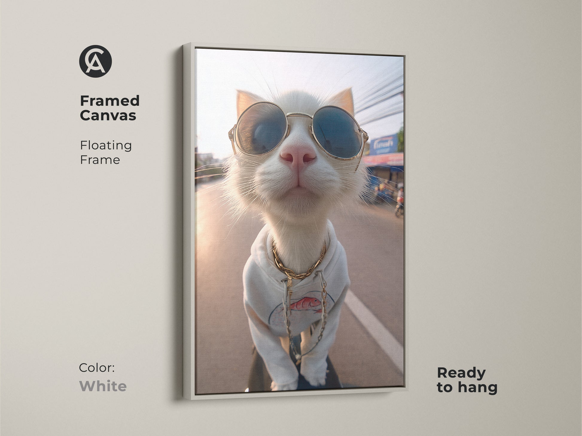 Framed canvas art showcasing a cool cat with sunglasses and a hoodie. The floating frame is white for a clean modern look. This ready-to-hang artwork adds charm to any decor. Perfect for cat lovers and art enthusiasts alike.