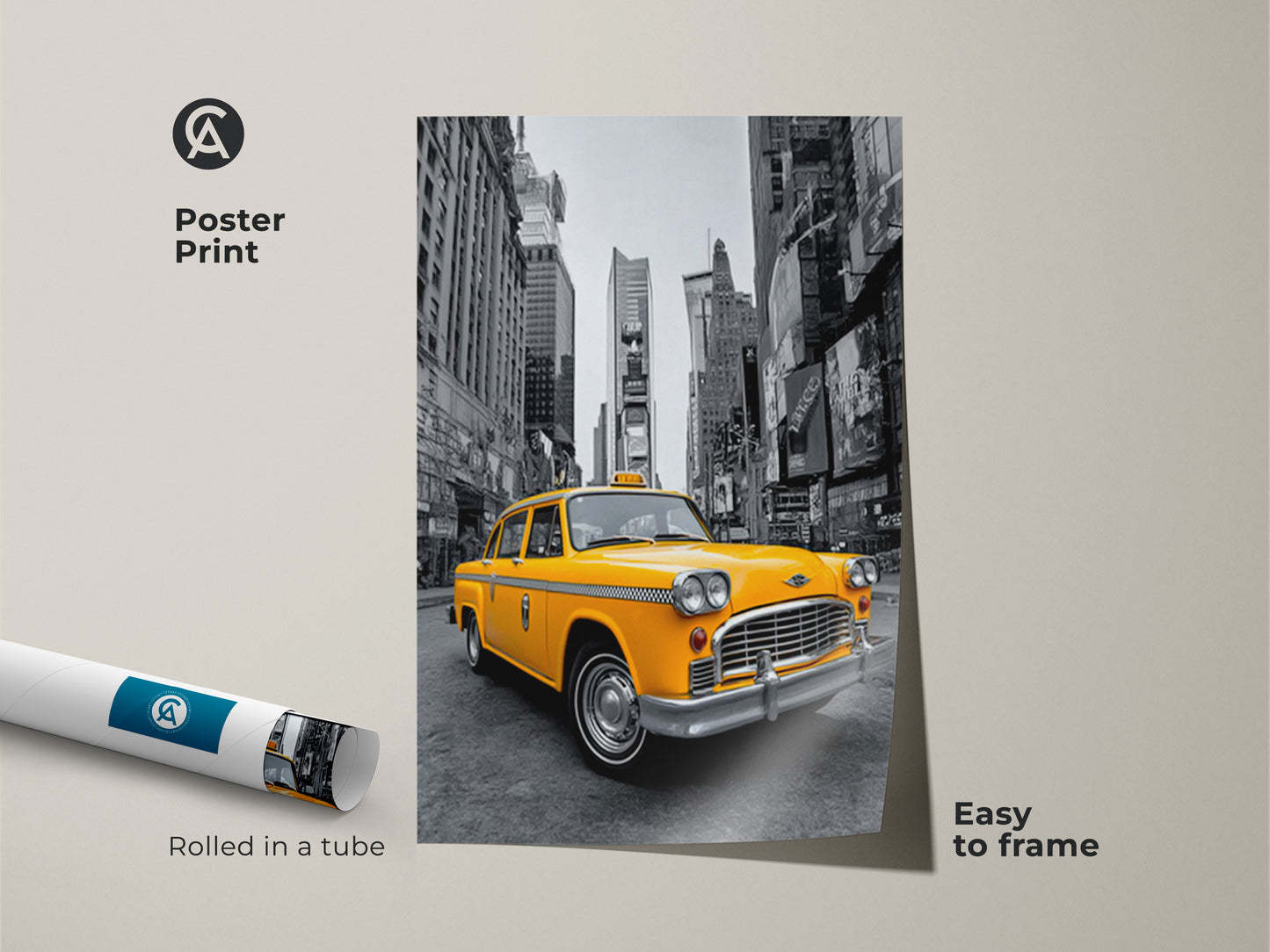 This poster print showcases a bright yellow taxi set against a grayscale New York City backdrop. Rolled in a tube this museum-quality paper print is easy to frame. A perfect piece of wall art for adding a touch of urban flair. The taxi art will enhance your home decor.