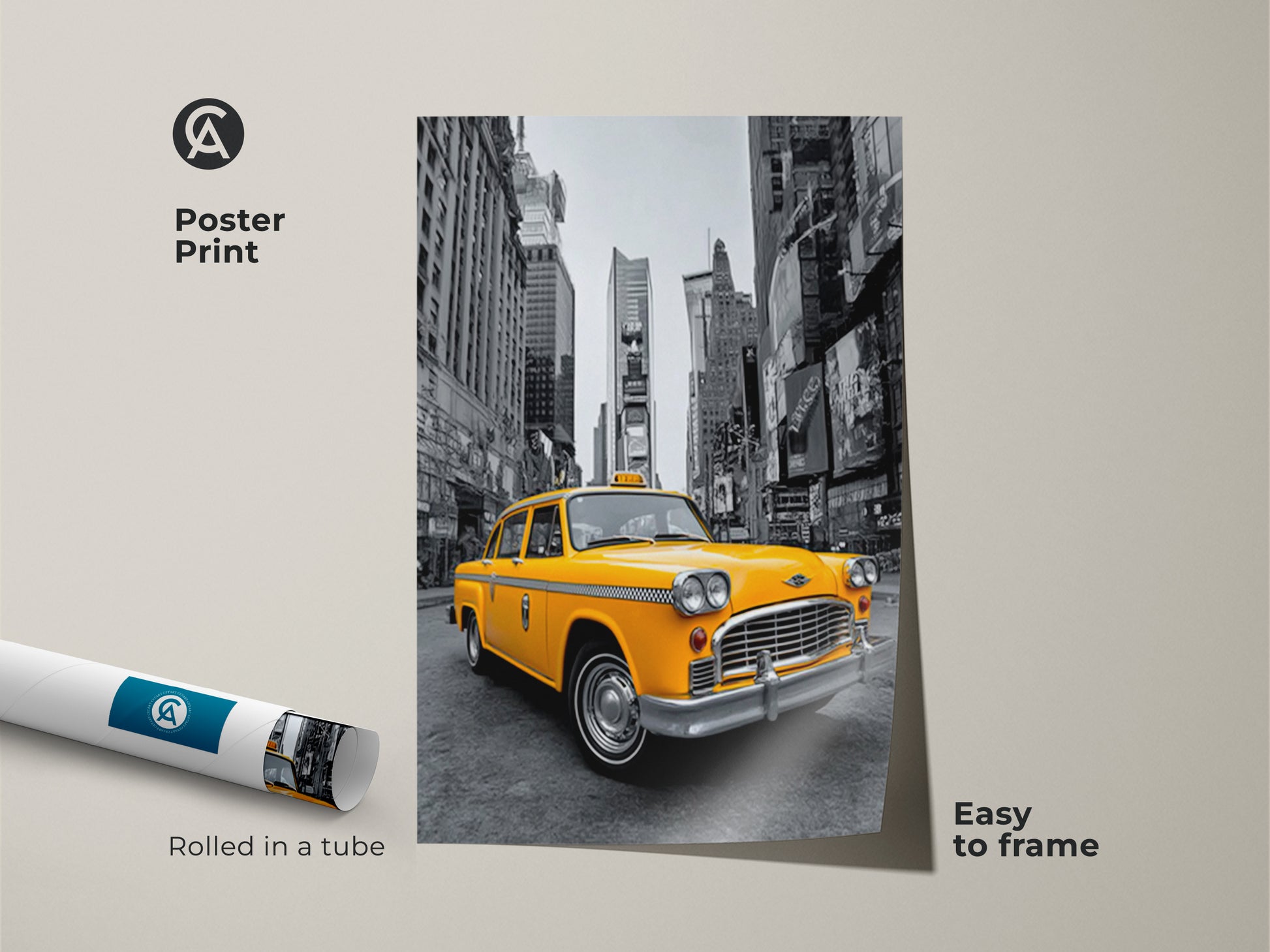 This poster print showcases a bright yellow taxi set against a grayscale New York City backdrop. Rolled in a tube this museum-quality paper print is easy to frame. A perfect piece of wall art for adding a touch of urban flair. The taxi art will enhance your home decor.