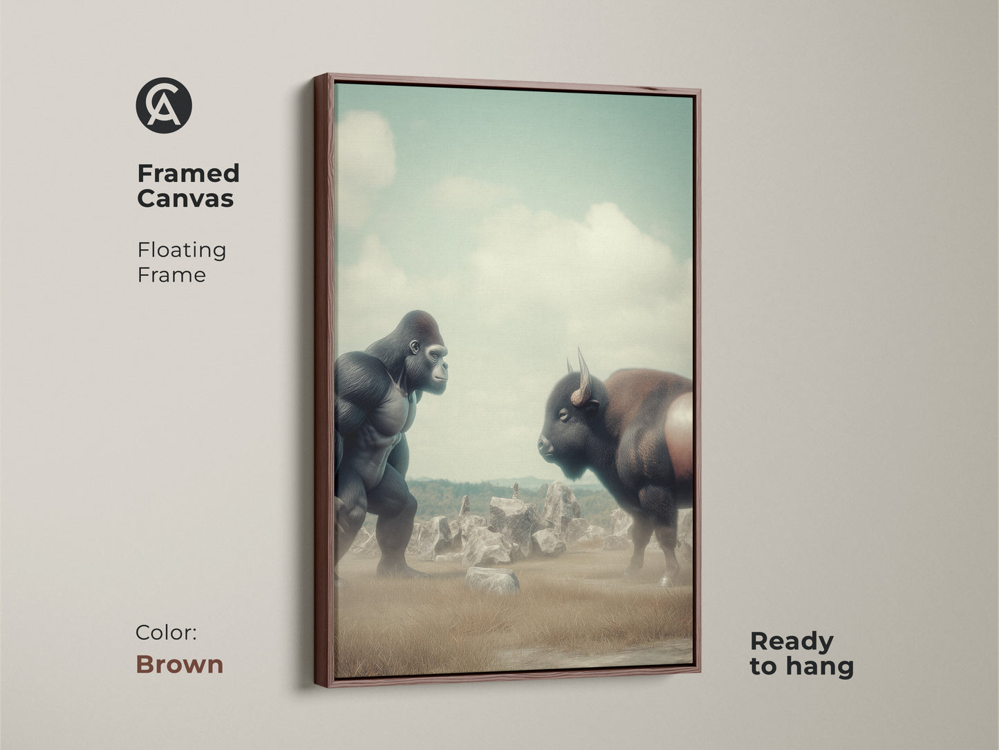 Framed canvas showcasing a surreal Gorilla vs Bison artwork. The floating frame is brown. This digital art print has muted greens and earthy tones. Ready to hang for adding character to any room. Perfect fantasy nature wall art.